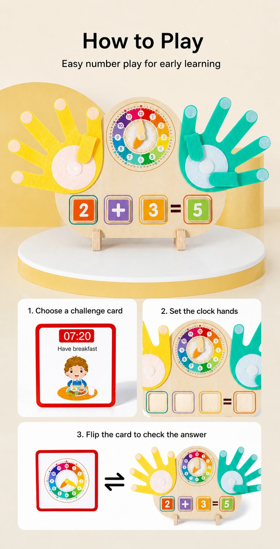 Clock & Finger Counting Arithmetic Learning Board with Stand