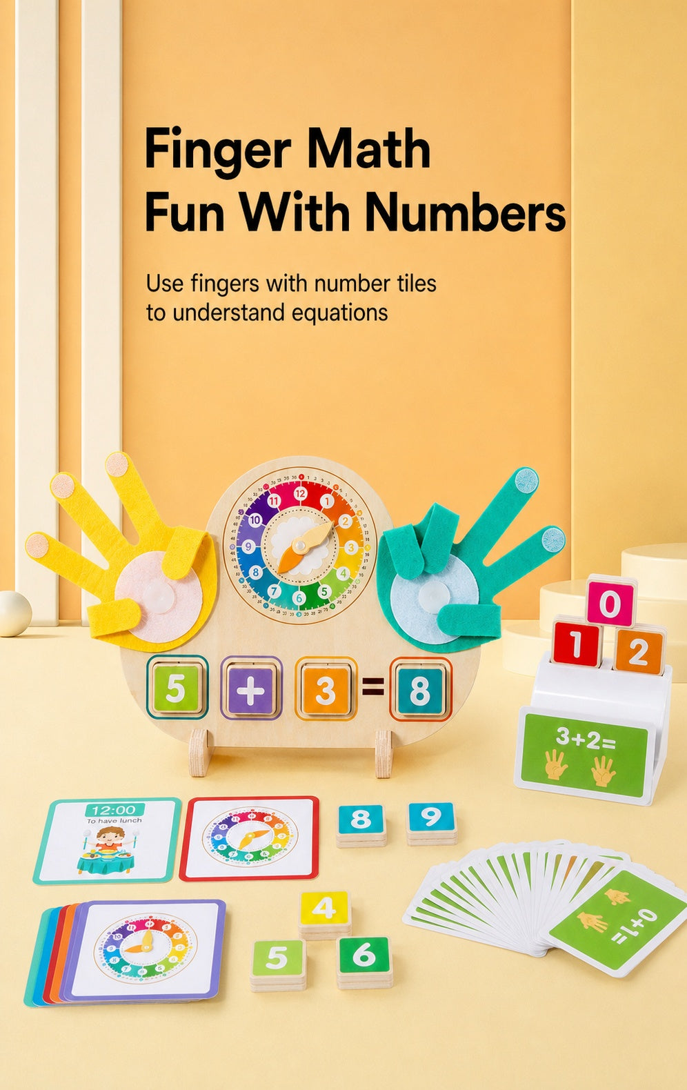 Clock & Finger Counting Arithmetic Learning Board with Stand