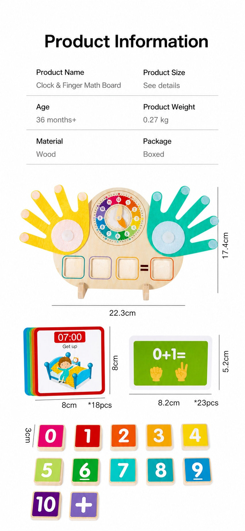 Clock & Finger Counting Arithmetic Learning Board with Stand