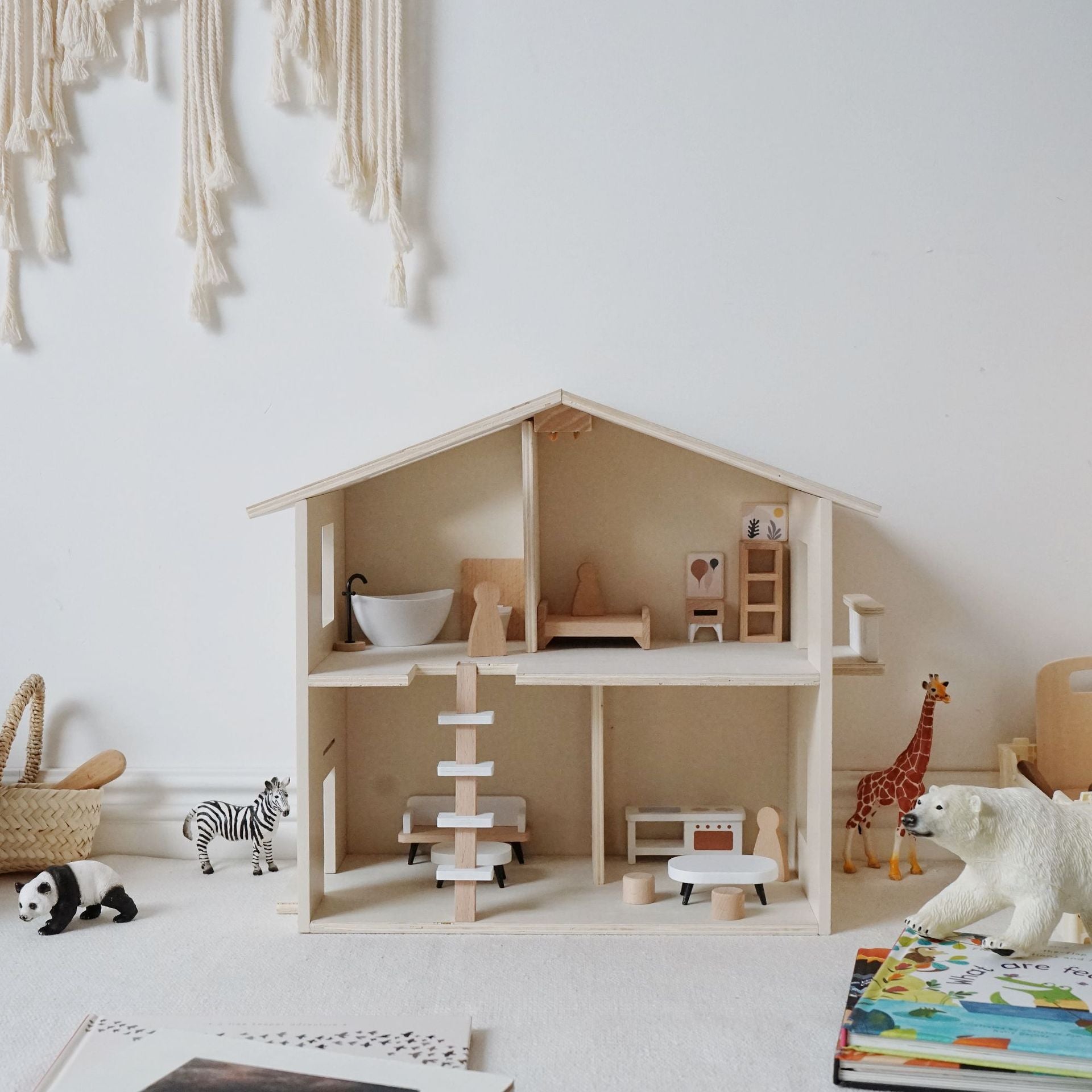 Wooden Dollhouse with Furniture Set