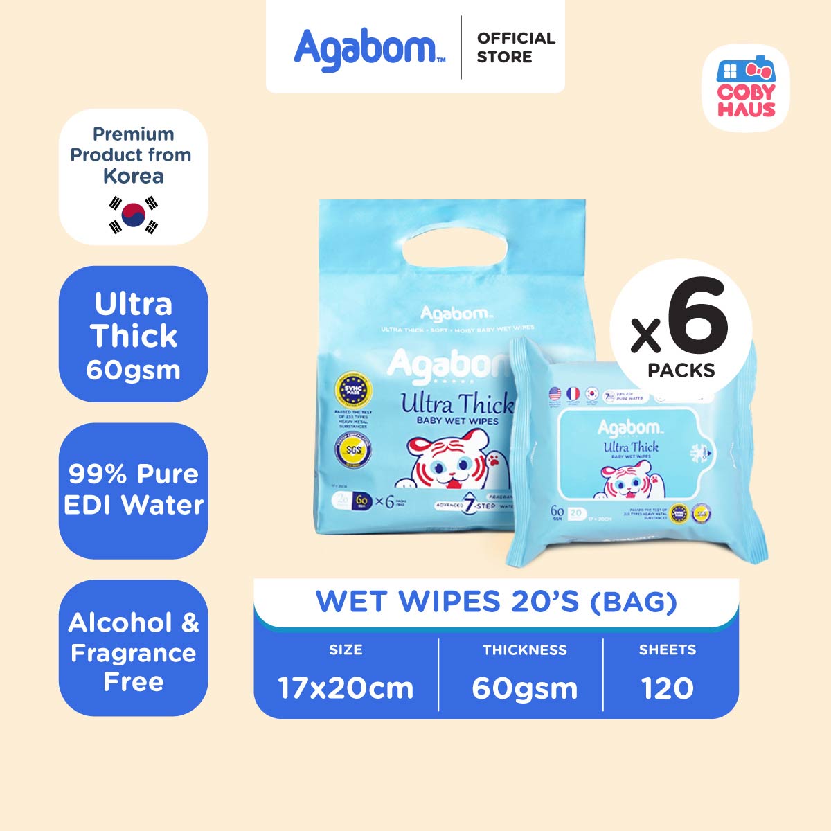 [Agabom] Ultra Thick Baby Wipes 20S (6 Pack/1Bag)