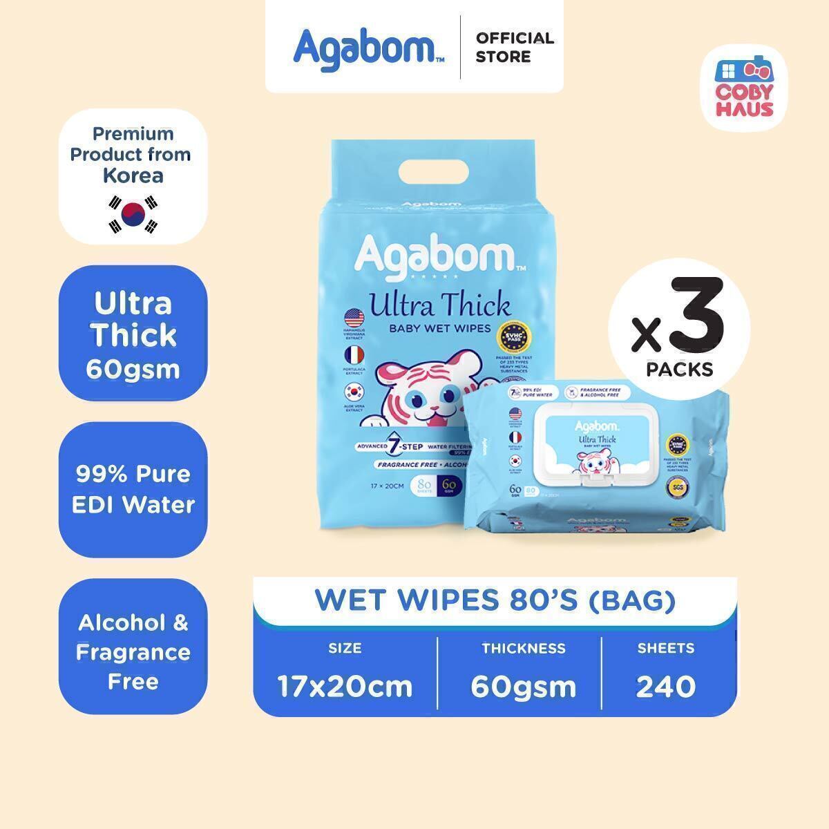 [Agabom] Ultra Thick Baby Wipes 80S (3 Pack/1Bag)
