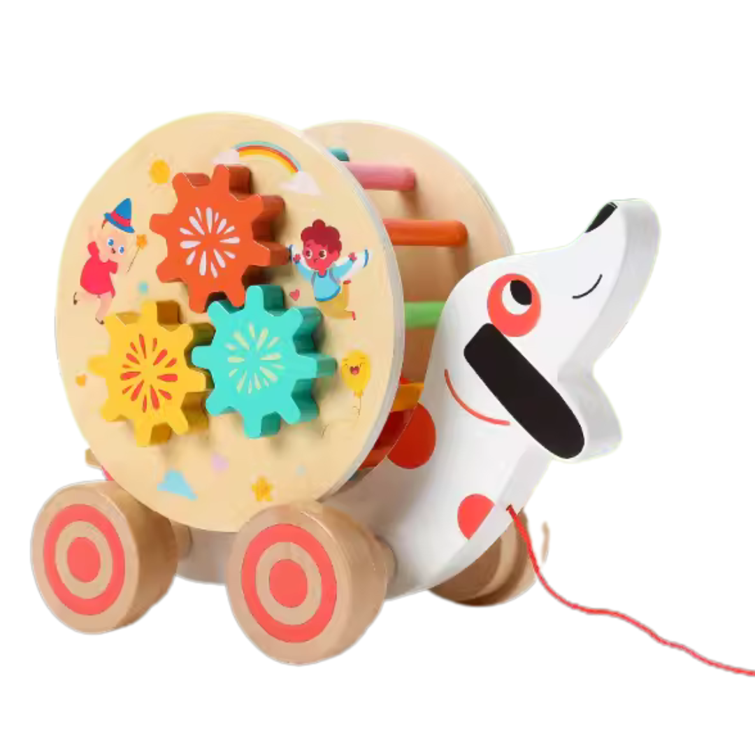 Wooden Dog Clock Pull Toy