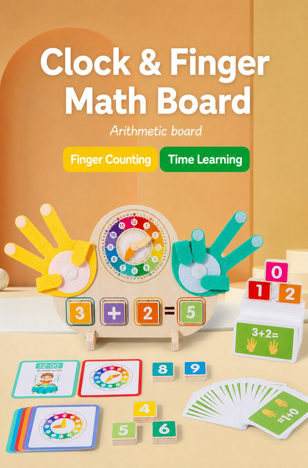 Clock & Finger Counting Arithmetic Learning Board with Stand