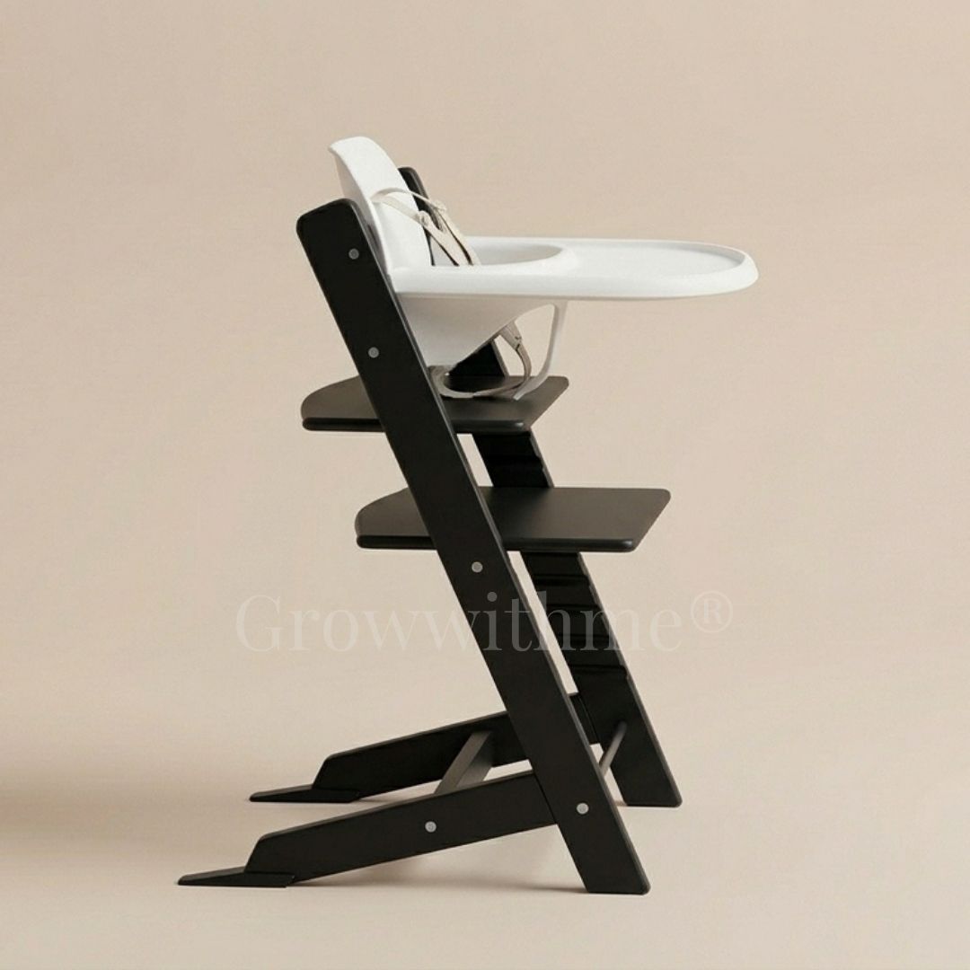 Growwithme Classic Black and white high chair on a beige background