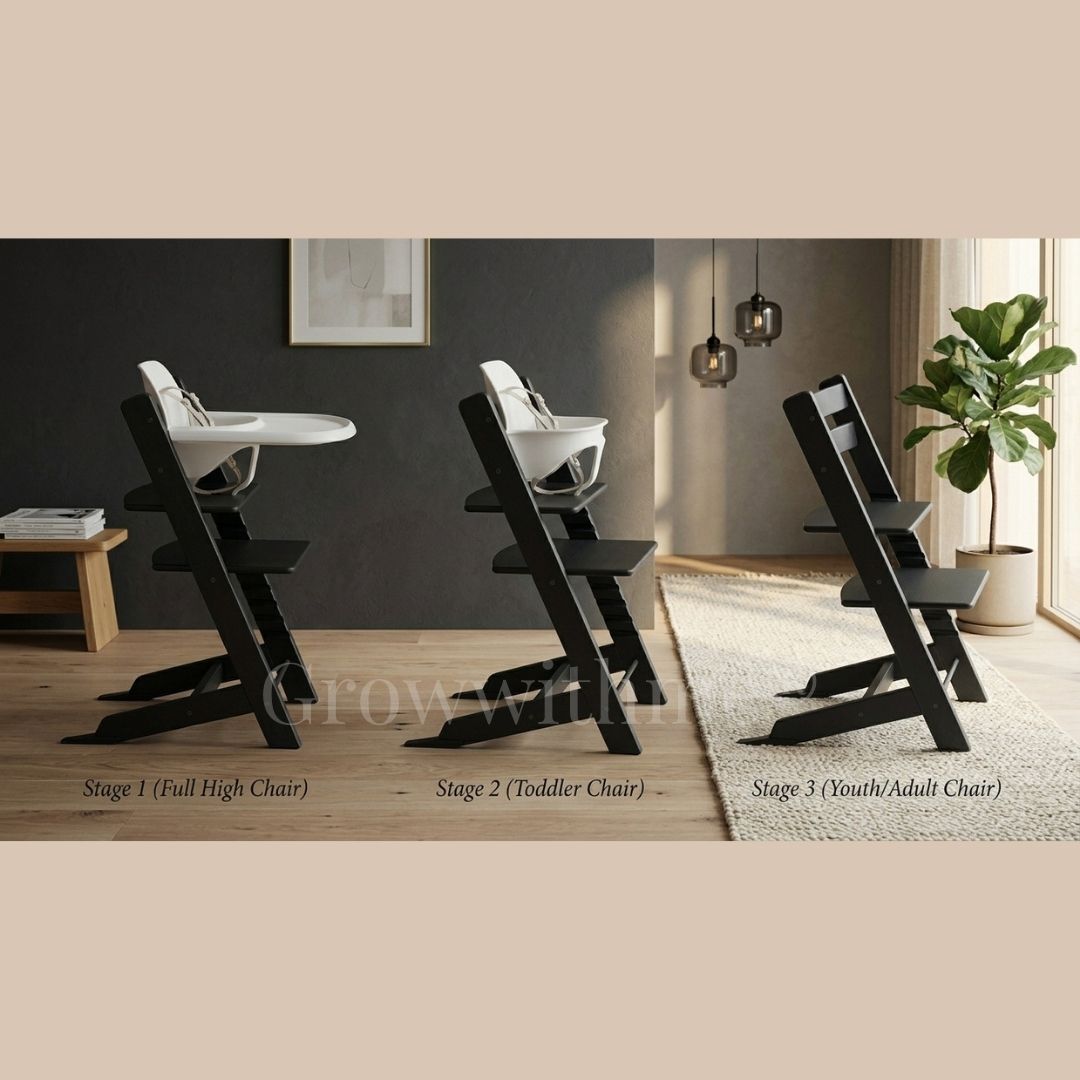Three stages of a high chair with different heights in a room setting. Growwithme embo wooden high chair