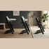 Three stages of a high chair with different heights in a room setting. Growwithme embo wooden high chair