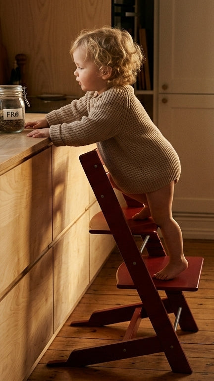 Child standing on a step stool at a kitchen counter with jars and a bowl.