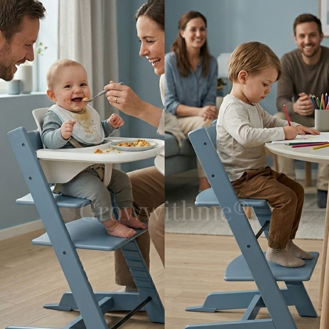 growwithme embo baby wooden high chair grey blue