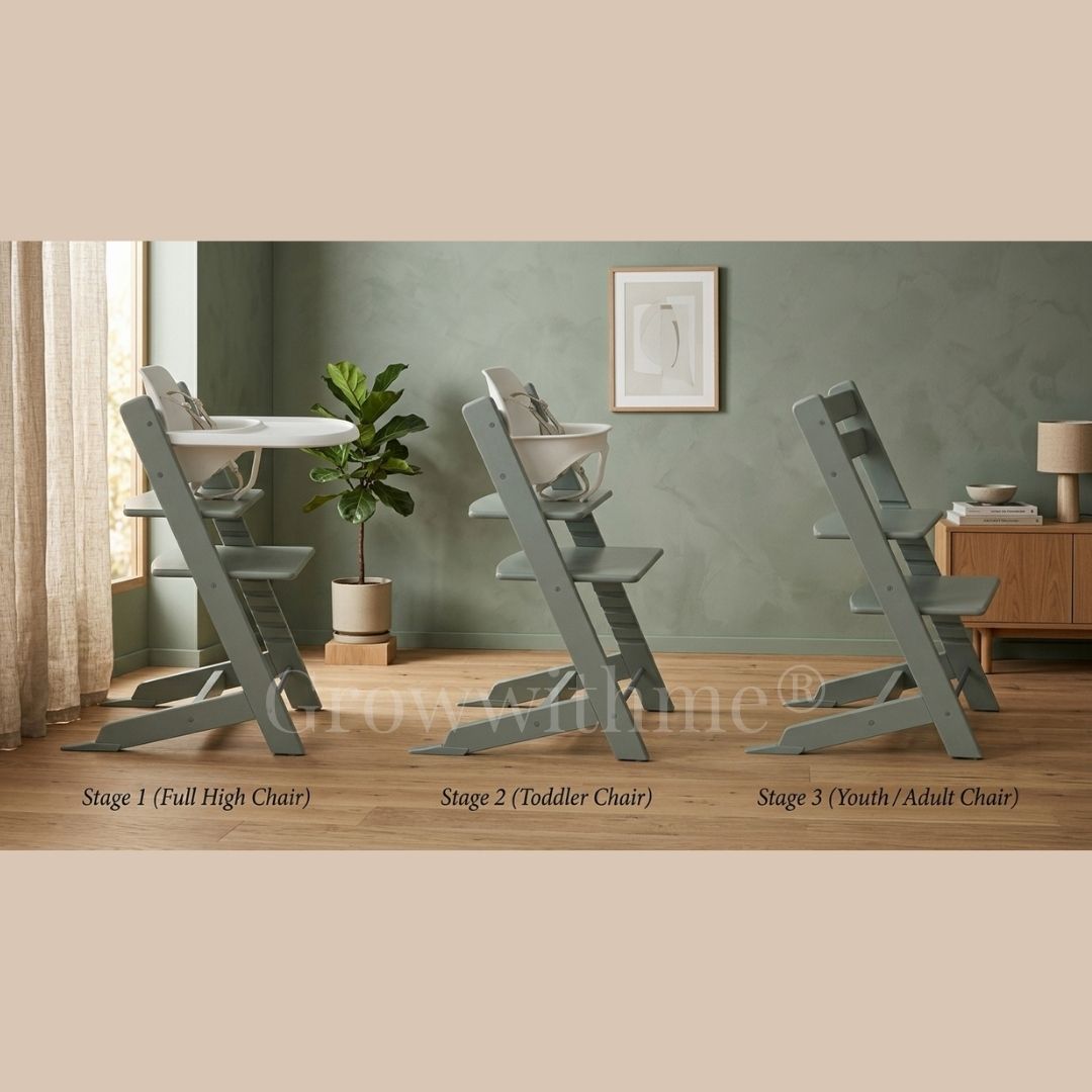 的成长椅展示，从全高椅到青年/成人椅的转换过程。Growwithme Embo wooden highchair