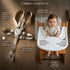 Embo+ harness with child in high chair, highlighting features on a wooden surface.
