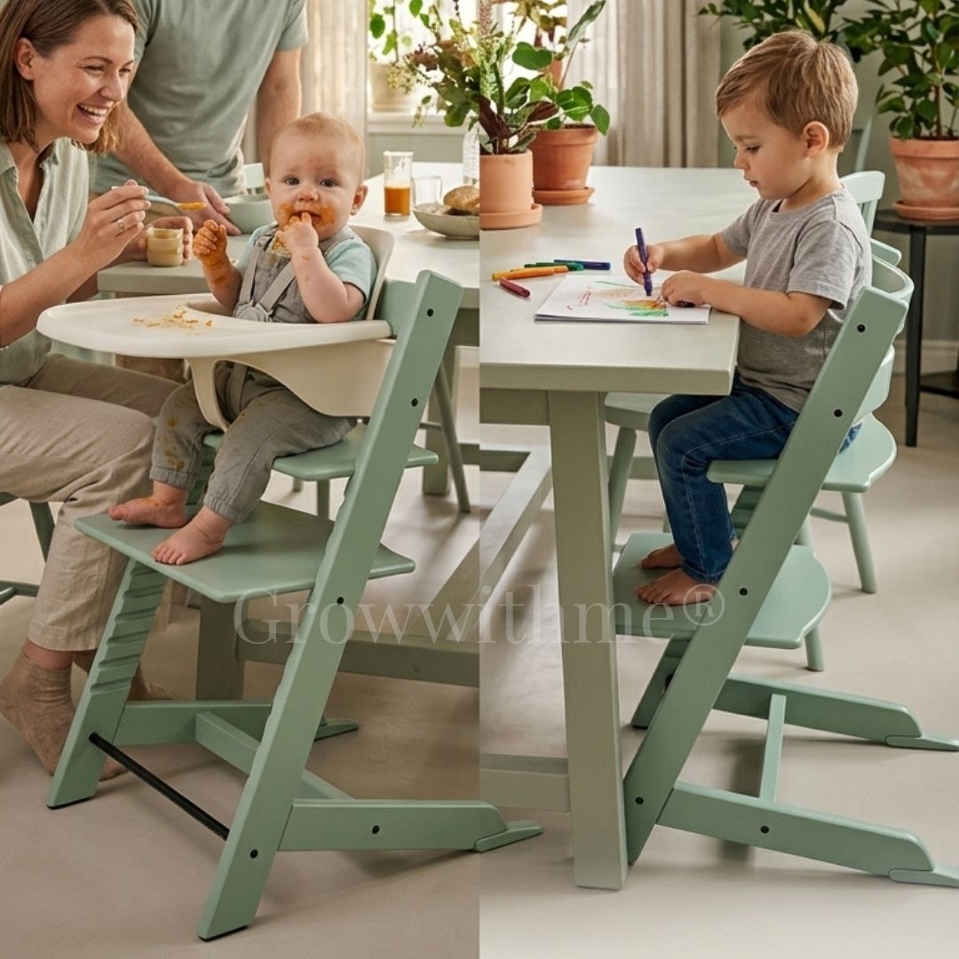 Collage of a family using Growwithme Embo+ mint green children's chair at a dining table.