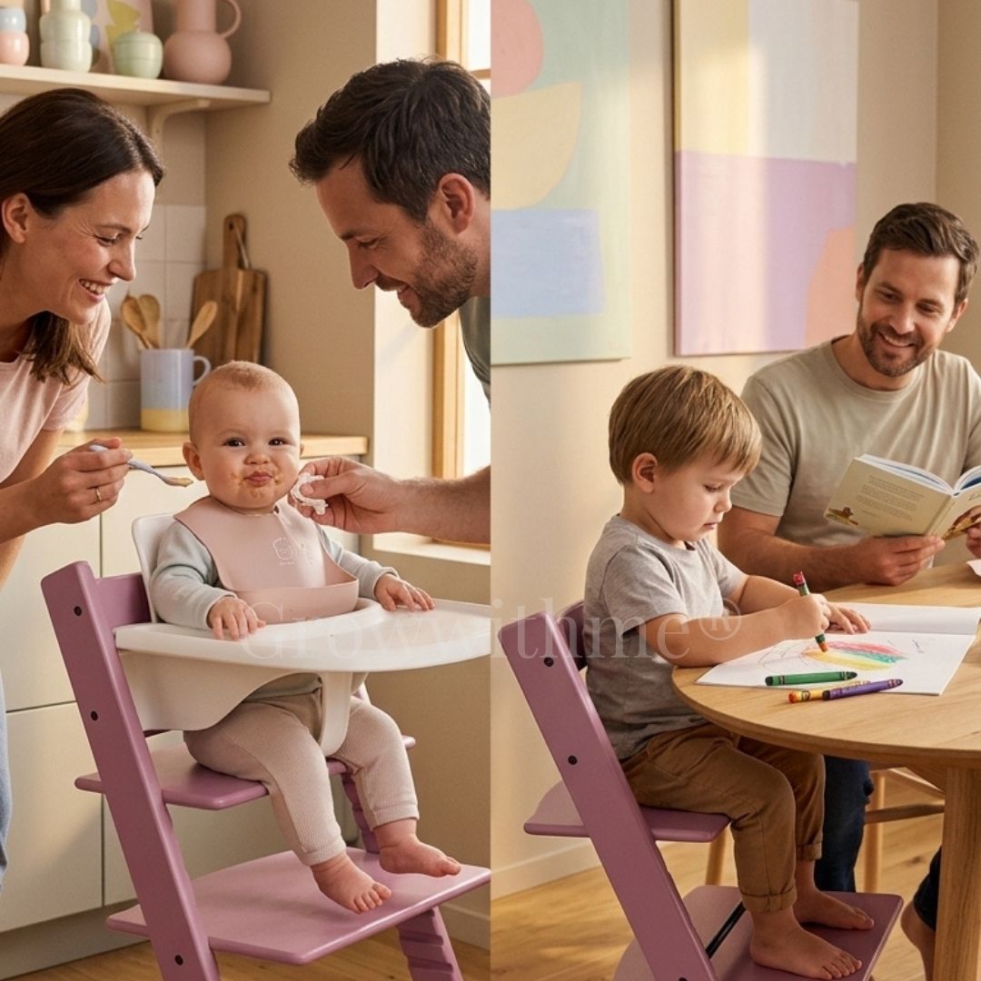 baby sitting on growwithme embo high chair pomegranate purple