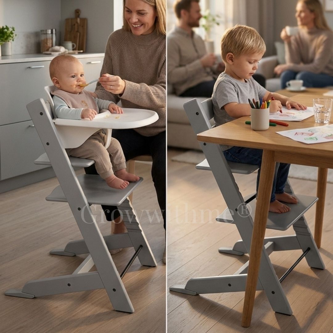Collage of a baby in a high chair and a child at a table with a Growwithme Embo High Chair