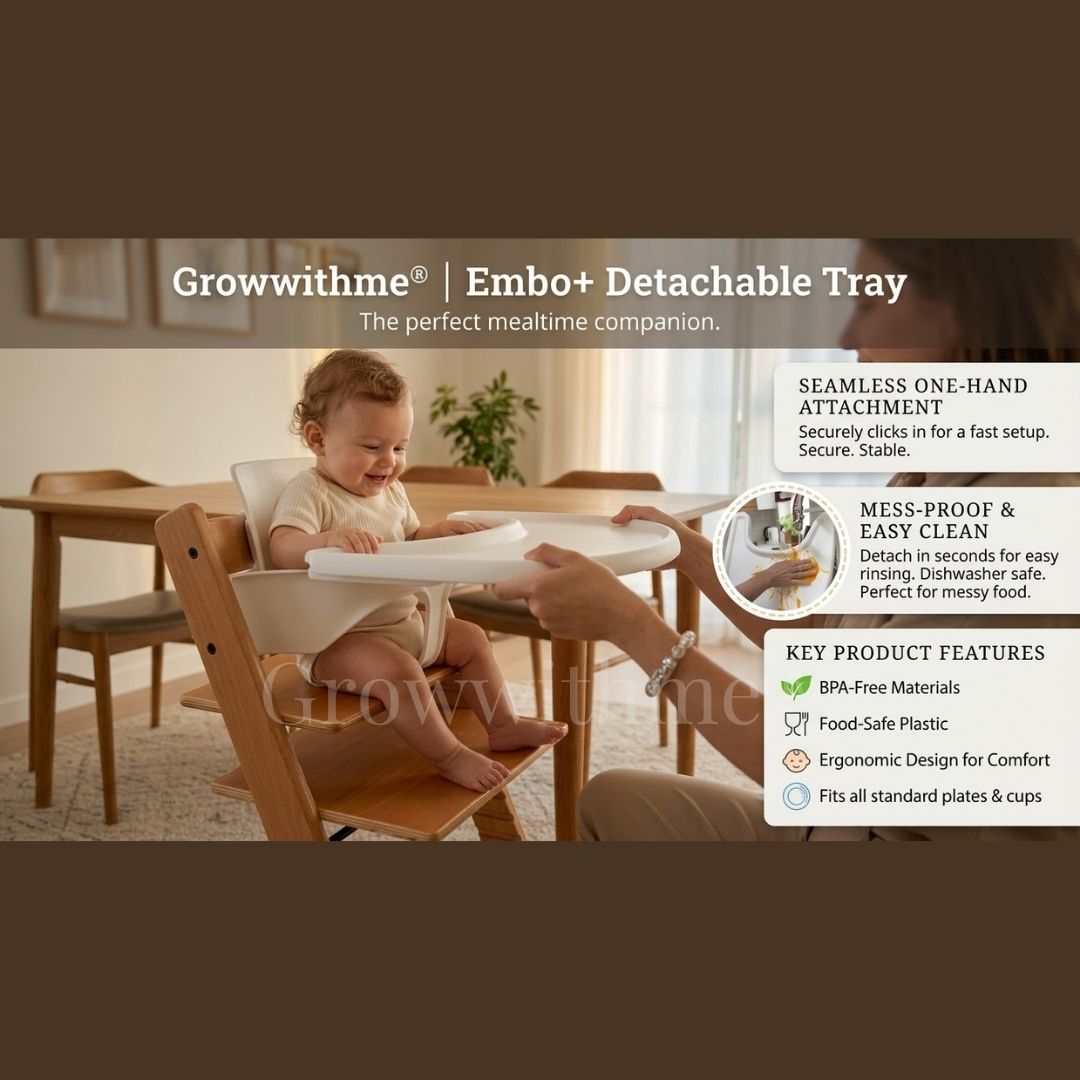 Child using a detachable tray with a high chair, surrounded by dining room furniture.
